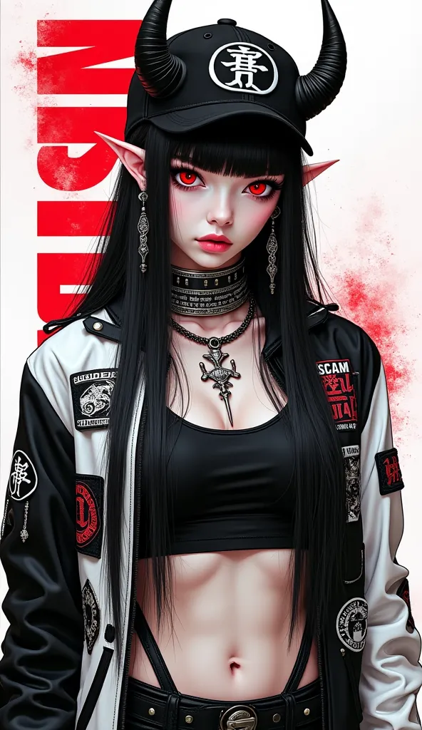 " A woman with demon features in cyberpunk and gothic style ,  with pointed ears and intense red eyes .  She has pale skin and long, smooth black hair with bangs .  Wear an oversized black and white jacket with multiple patches and Japanese symbols , in ad...