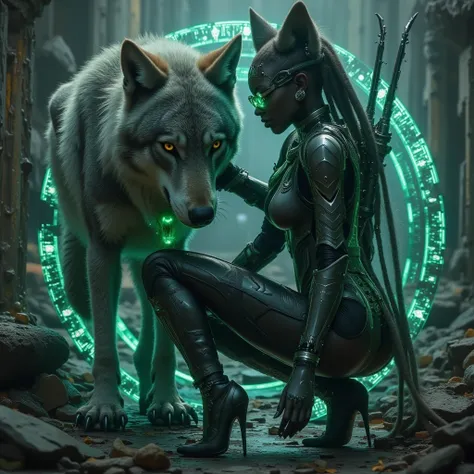 - Main Character, Adult Woman "Lesotho", Beautiful, Tall, long legs, Wolf Ears and Tail (wearing Piercings), dreadlocks, glasses (Clear Green).

- Wearing a costume ("Full Sexy Armor").
Chest and Thigh Armor are slightly open.
Futuristic Costume Design.

-...