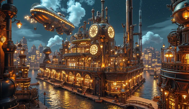 A majestic steampunk metropolis under a starry night sky, glowing with radiant gold and silver tones. The city is filled with towering Victorian-style buildings featuring intricate brass and copper details, illuminated by glowing neon lights and steam-powe...