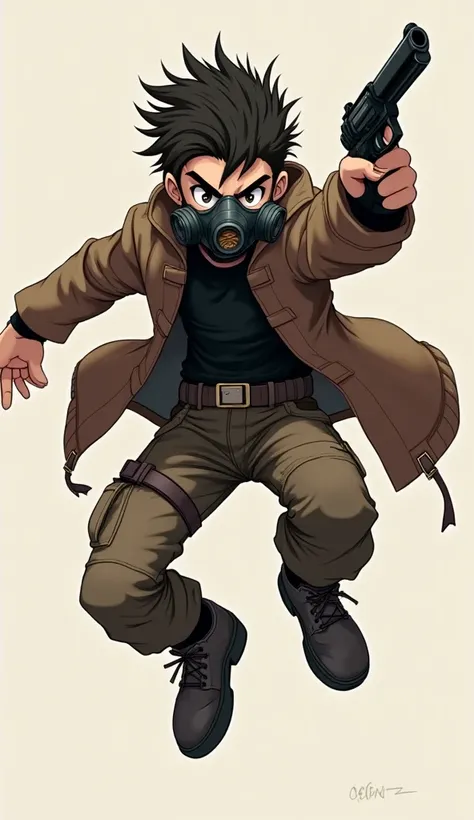 

*"Anime style, young anthropomorphic male with sharp gaze, wearing a gas mask, brown coat, cargo pants, and a revolver. Color scheme: brown and black, high contrast. Pose: jumping, epic and dramatic. Avoid cropping, no background."*
