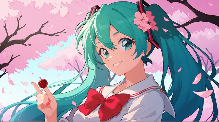  1 girl,Alone, Hatsune Miku, school uniform, green hair, cherry blossom, hair ornament ,Cherry Blossom Viewing,cherry blossoms,smile, viewers, score_9, score_8_ up, score_7_ up,