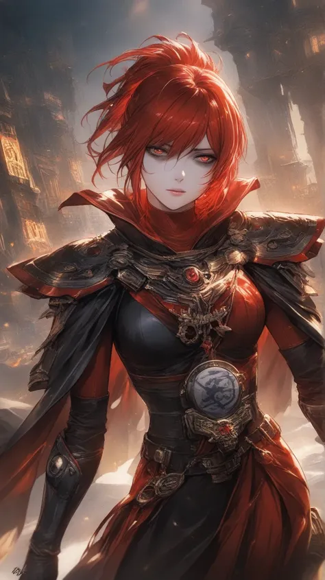 (masterpiece), ((incredible art quality)), (extremely detailed), ((beautiful anime art)), (((award winning artwork))), 1girl, dark sci-fi vibe, warhammer40k world, 1girl, solo, tired and wounded, bags under the eyes, bright red psyker robe with black accen...