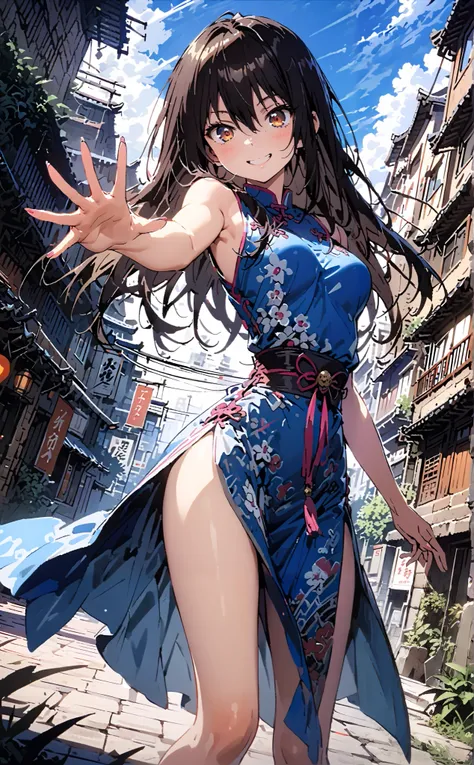 Yukina Himeragi, semi-long,   black hair,  brown eyes,smile, grin ,Medium breast,Sleeveless blue Chinese clothes ,  blue long slit , pin heels, putting one hand on the waist , angle from below, is standing,whole bodyが illustrationsに入るように,                  ...