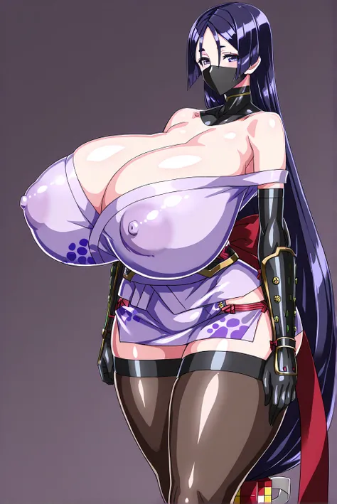 (Minamoto-no-Raikou,face forcus),(gigantic huge busty,big hips,glamorous,covered nipples,),(,ninja,ninja mask,yukata,mini skirt,tight-fitting,elbow gloves,Off-Shoulder,cleavage,thigh high stocking,),(,looking viewer,standing attention,arms at side,hands re...