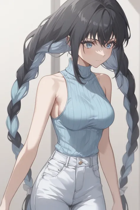 score_9, score_8_up, score_7_up, BREAK source_anime, yuki onna, light blue eyes, black hair, multicolored hair, long hair,　long two back braids of twintails, multicolored braids, one intake, medium breasts, cowboy shot, light blue sweater, sleeveless, bare...