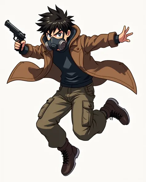 

*"Anime style, young anthropomorphic male with sharp gaze, wearing a gas mask, brown coat, cargo pants, and a revolver. Color scheme: brown and black, high contrast. Pose: jumping, epic and dramatic. Avoid cropping, no background."*
