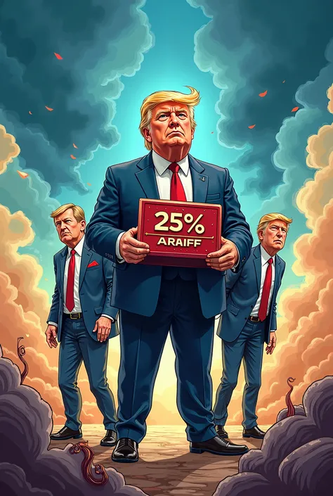 A vibrant political cartoon scene featuring three prominent figures. In the center stands a caricature of President Trump, confidently wielding a giant "25% Tariff" stamp. 