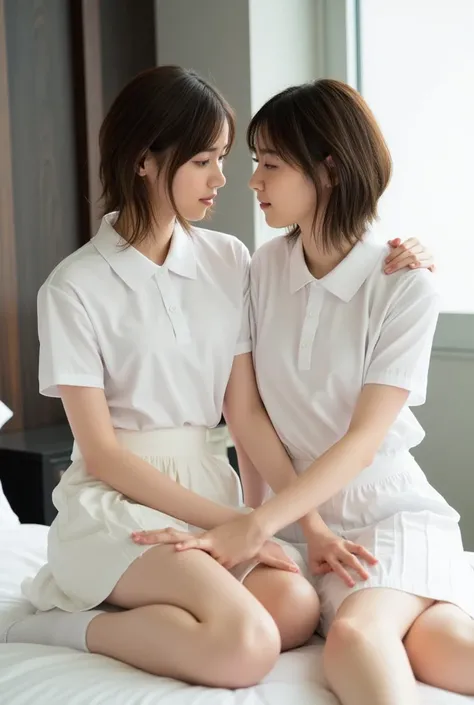 (Masterpiece, Best quality: 1.5), (Ultra realistic, Photo-realistic: 1.4), (nsfw:1.2), (2 girls, yuri, touch crotch), Natural light, 20 years old actor, Japanese woman, Neat and clean, (Short wavy hair:1.1), ((Wearing white tennis uniform, White short-slee...