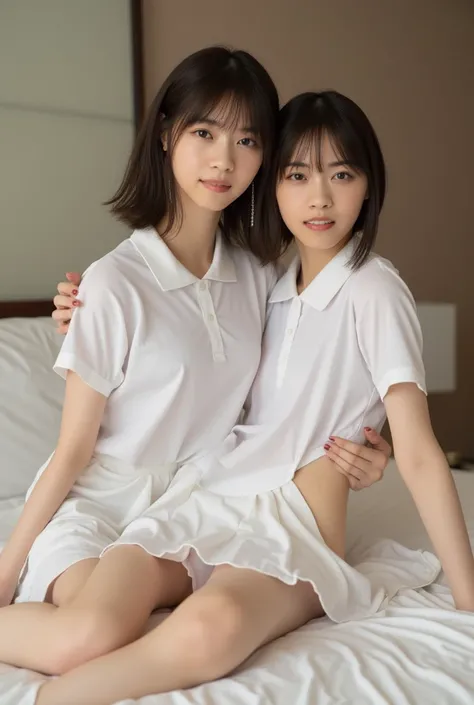 (Masterpiece, Best quality: 1.5), (Ultra realistic, Photo-realistic: 1.4), (nsfw:1.2), (2 girls, yuri, touch crotch), Natural light, 20 years old actor, Japanese woman, Neat and clean, (Short wavy hair:1.1), ((Wearing white tennis uniform, White short-slee...