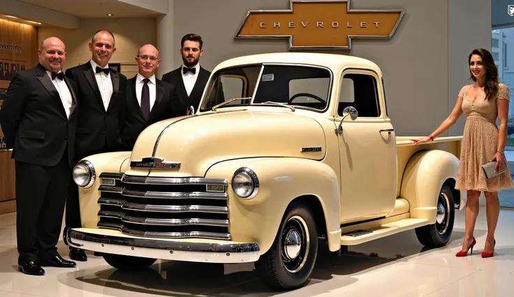 Create a detailed image of a showroom featuring a ( glossy shine most luxury Beige cream 1953 CHEVROLET 3100 1953 ) with  tires, displayed prominently under a large (Chevrolet) logo in the background. Five elegantly dressed individuals are standing next to...