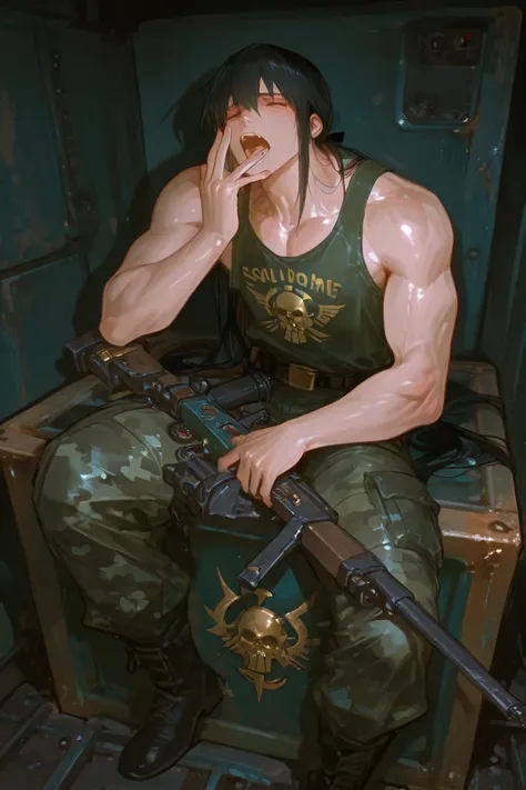 masterpiece, newest, absurdres, safe Solo, high detailed, male, handsome masculine male, Sexy male. Masculine male. Handsome Male, sexy male, Seductive, soldier, long black hair, sitting on a steel crate, tanktop, green camo pants, soldier, warhammer 40k i...