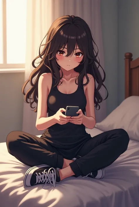  white-skinned girl, dark brown eyes,  long curly hair dark brown , black tank top ,  black sports pants ,  black sneakers,  sitting on the bed with her cell phone. version anime