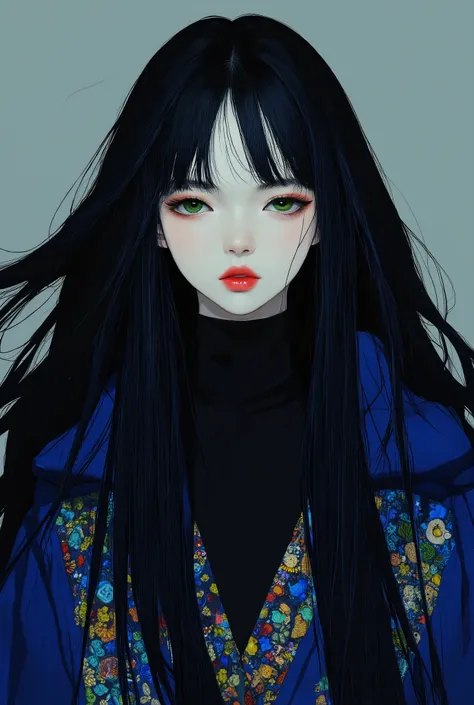 Real girl with black hair white skin with one green and one red eye. wears deep azure blue wizards robe. black turttleneck inside robe.better quality,8K,high resolution, masterpiece, ultra detailed,