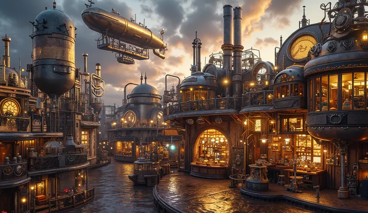 A breathtaking steampunk cityscape at twilight, bathed in glowing gold and silver tones. The city is filled with towering Victorian-style buildings adorned with intricate brass and copper details, illuminated by glowing neon lights and steam-powered lanter...