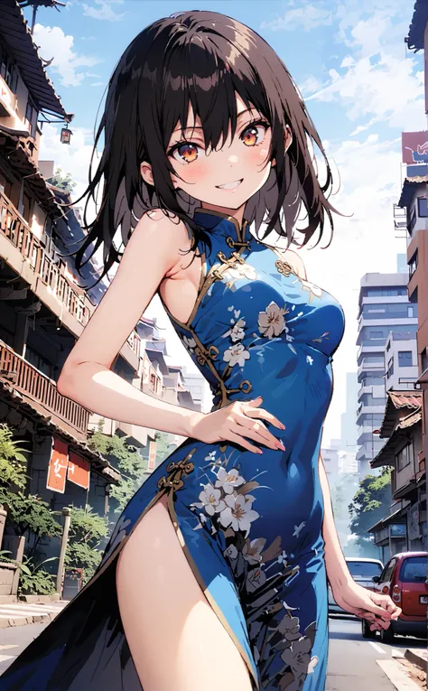 Yukina Himeragi, short hair, black hair,  brown eyes,Alone,smile, grin ,Medium breast,Sleeveless blue Chinese clothes ,  blue long slit , pin heels, putting one hand on the waist , angle from below, is standing,whole bodyがイラストに入るように,                       ...