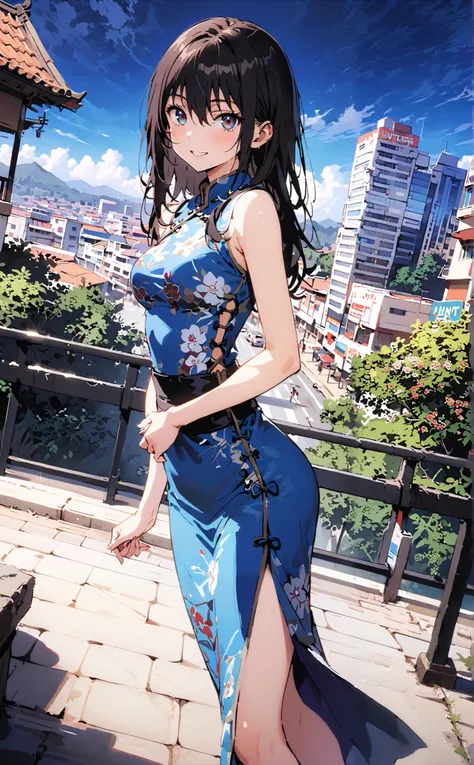 Yukina Himeragi, short hair, black hair,  brown eyes,Alone,smile, grin ,Medium breast,Sleeveless blue Chinese clothes ,  blue long slit , pin heels, putting one hand on the waist , angle from below, is standing,whole bodyがイラストに入るように,                       ...