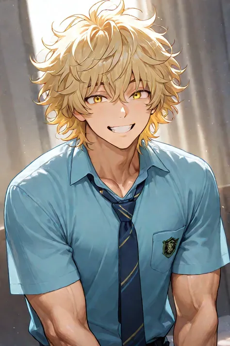 1boy, solo, short messy hair, messy bangs, blonde hair, yellow eyes, smiling, muscular, school uniform, blue shirt, tie
