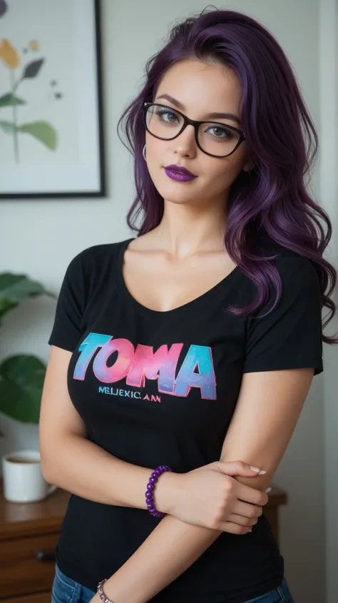 Hd 4k natural light, 8k, ultra realistic, With real imperfections, Beautiful Mexican girl with purple hair with glasses, with big breast, But she wears a black t-shirt and wears a Purple fabric bracelets  as a bracelet and wears another green one on her he...