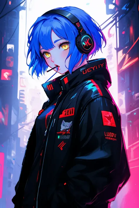 1 fille Chat, Blue hair, yellow eyes, detailed cat eyes, Ear bleu,  Full view , style cyberpunk, closed jacket, open high neck, ((lollipop,  mouth)), (1 headphone, head, in front of,  Ear, Black , rose), coiffure queue de cheval, main dans les poches de ve...