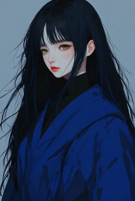 Real girl with black hair white skin with one green and one red eye. wears deep azure blue wizards robe. black turttleneck inside robe.