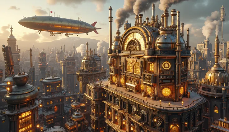 A sprawling steampunk cityscape dominated by glowing gold and silver tones, with a focus on the sky above. Towering Victorian-style buildings feature intricate brass details and glowing neon lights, while massive airships float gracefully in the sky. Their...