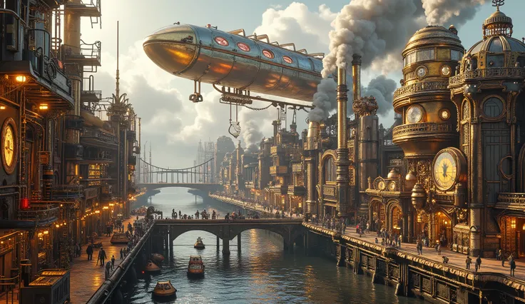 A sprawling steampunk cityscape dominated by glowing gold and silver tones, with a focus on the sky above. Towering Victorian-style buildings feature intricate brass details and glowing neon lights, while massive airships float gracefully in the sky. Their...