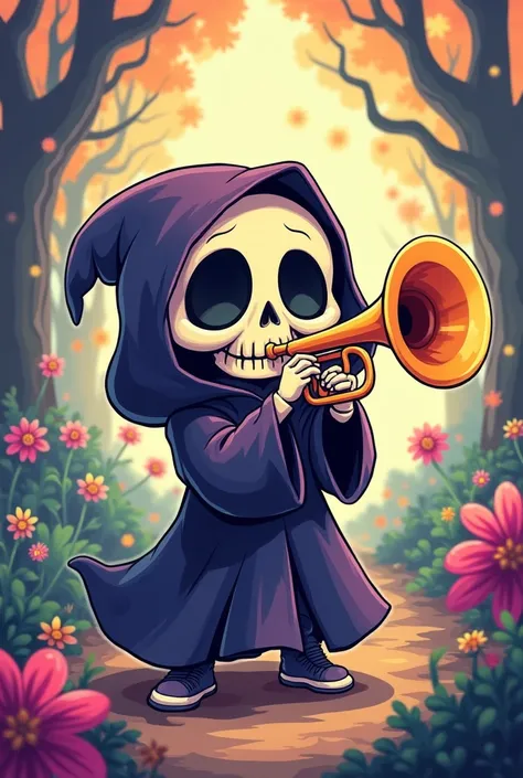 The happy Chibi grim reaper playing the trumpet 