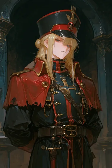 masterpiece, newest, absurdres, safe Solo, high detailed, male, handsome masculine male, Sexy male. Masculine male. Handsome Male, sexy male, Seductive, soldier, commissar, warhammer, black coat, red linned coat, Warhammer imperial Commissar, blonde hair, ...