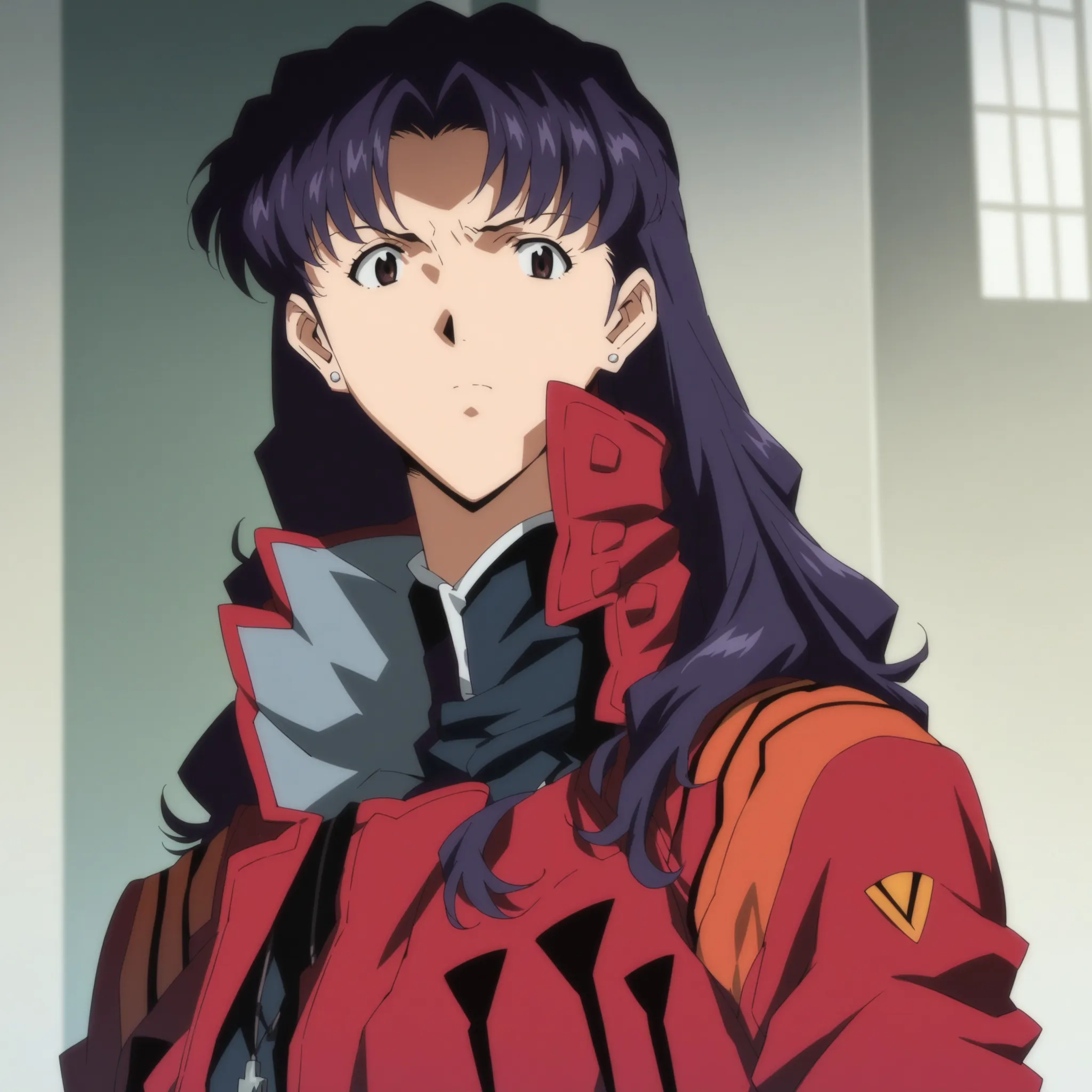 core_9, score_8_up, score_7_up, score_6_up, score_5_up, score_4_up,source_anime, indoors in a palace, standing,  m1sat0, 1girl, purple hair, solo, long hair, earrings, brown eyes,redjacketstyle