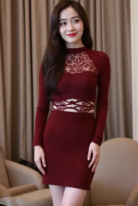 Asian beauty, long hair, round face shape, smile, red wine color tight dress skirt, white skin tone, luxury apartment background, upper body photo taken with Sony A7R IV and lens at f/2.0 aperture. She is wearing an elegant burgundy slim fitting solid colo...