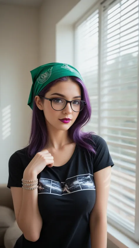     High-resolution photorealistic portrait of a Beautiful Mexican girl with purple hair with glasses, with big breast, But she wears a black t-shirt and wears a Purple fabric bracelets  as a bracelet and wears another green bandana one on her head, she ha...