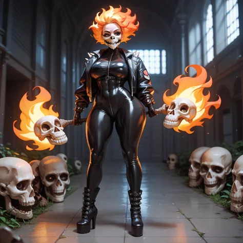 1 girl, full body, front view, fit body, (((skull mask))), flaming hair, ((hidden ears)), huge tits, huge ass, huge brasts, black jacket with spikes, black bodysuit, high boots, black leather glove