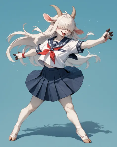 school girl , furry female goat , geek , Introvert , long hair , bangs , hair over eyes , school uniform , bold action , ballet pose