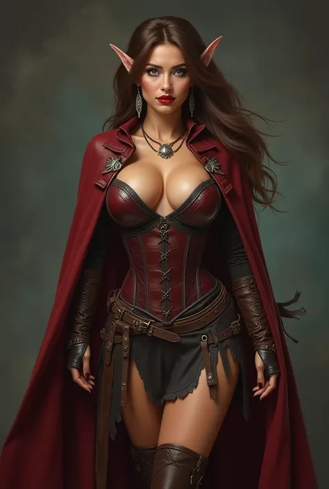 Rogue elf woman, perfect and curvy average body, big breasts, thick legs, wide hips, big ass, provocative look, red lipstick, blush, eyelashes, light makeup, brown hair, light eyes, wearing a low-cut leather corset, beautiful leather skirt, amulet, earring...