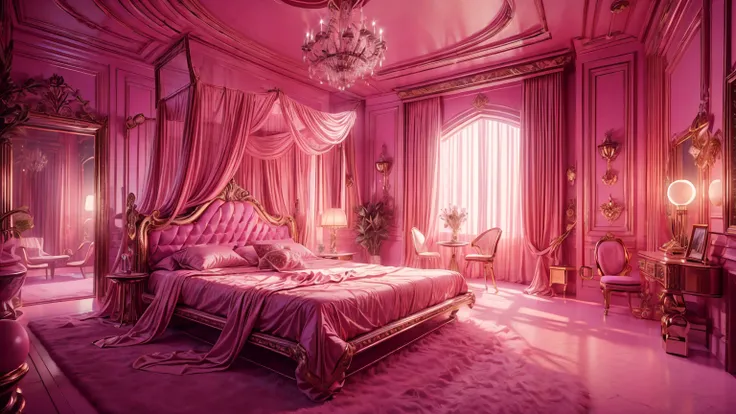 Best quality, masterpiece, ultra high res, raw photo, beautiful and aesthetic,deep shadow, fantasy theme,(ultra detailed:1.3), divine, royal bedroom, indoors, luxurious, canopy bed, full of curtains, pillows, jewelry, candlelight, queen chamber, pink room