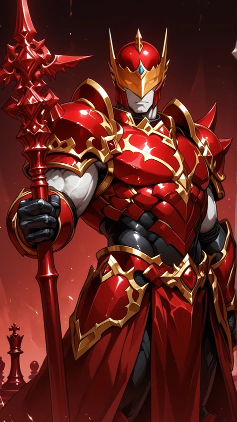 Red scarlet king, golden visor hides his eyes, red humanoid chess piece,  pale skin, scarlet red armor, muscular, robust, sensual, golden details. Male, male only, male solo. Bara. Chess magic staff.