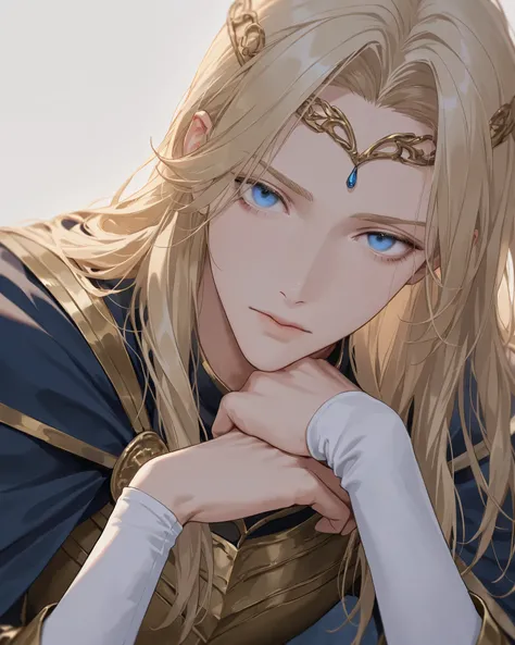 solo, long hair, looking at viewer, blue eyes, simple background,parted bangs,bishounen,skinny,lips,portrait, blonde hair, long sleeves, white background, 1 boy, closed mouth, male focus, cape, armor, robe, circlet,