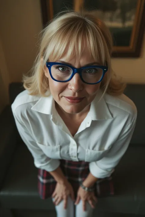 Amateur photo, shatp detail, bokeh, very realistic. Evening, cinematic lighting. Extreme closeup. Dramatic low angle looking up at subject as she stands leaning down to look at the viewer. A beautiful caucasian woman, smile lines, wrinkles, glasses with th...