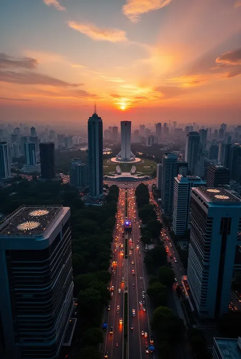 “A breathtaking aerial view of Jakarta, Indonesia, captured from a high-altitude drone during sunset. The cityscape is filled with towering skyscrapers, modern high-rises, and densely packed buildings stretching into the horizon. The streets below are bust...