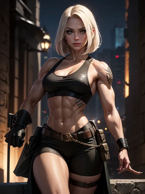 A gorgeous and stunning female soldier ((fighting on the battlefield, action pose)), smirking, smiling, high rank, dominant, challenging demeanor, smug, teasing, tall, statuesque, imposing, towering, biceps, triceps, eight pack abs, extremely defined abs, ...