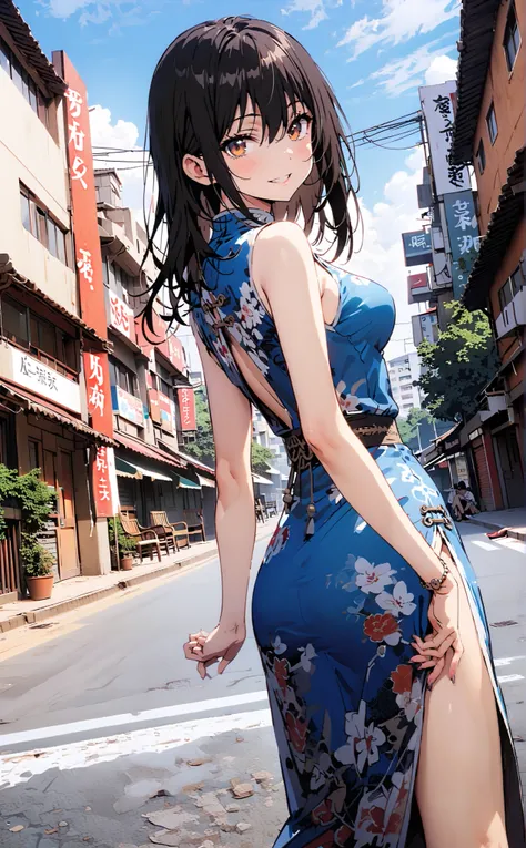 Yukina Himeragi, short hair, black hair,  brown eyes,Alone,smile, grin ,Medium breast,Sleeveless blue Chinese clothes ,  blue long slit , pin heels, putting one hand on the waist , angle from below, is standing,whole bodyがイラストに入るように,                       ...