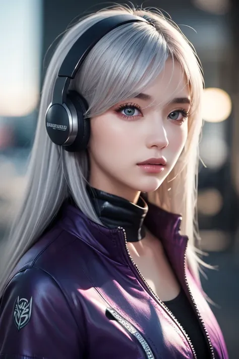  One Girl , Gray Hair,  long hair,  Tech Wear Masterpiece,  best quality,  realistic,  realism, dark purple jacket,  Portrait,   detailed eyes ,  wearing a headset , Platinum Hair,  21 year old girl ,  fashion pose, half body,  Wide Shot,  from ,  cyberpun...