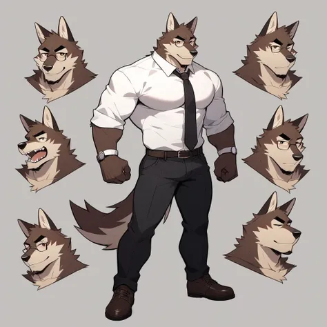 Sketch of a Mexican Wolf, bara muscular, non exaggerated figure, white collared shirt, furry Mexican wolf, black tie, scribble style, sketch style, Mexican Wolf, full body, tall body, glasses, dark brown fur, dark brown, light brown, beige spotted fur, alo...