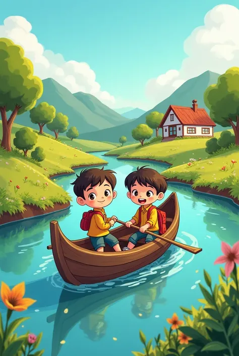 Hello can you create a cartoon image ,  of two students traveling across a river to their school in an old wooden boat. 