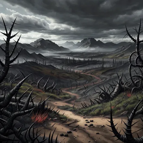 Cracked end open on the floor, Valley of Madness in the background . thorns, chaos, devastation,  dramatic cloudy sky. Horror art, Unreal Engine, colorful sketch drawing. Madness and frenzy; spikes and thorns. Colorful sketch drawing. Inked art, intricated...