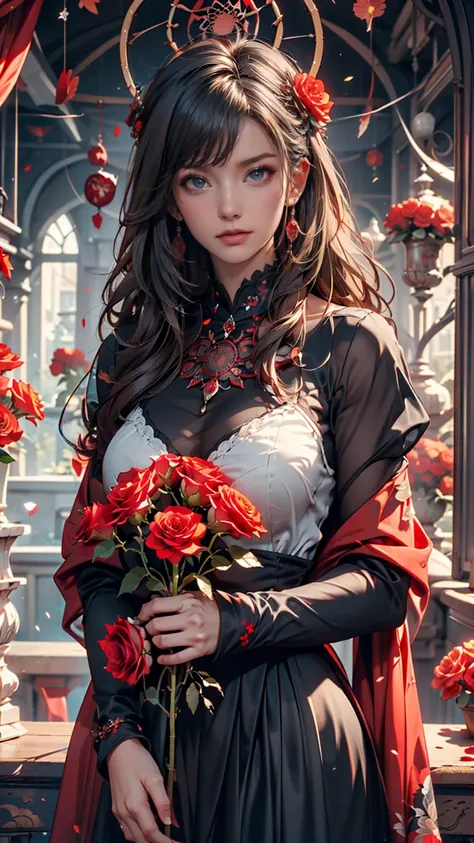 ( top quality,  masterpiece), ( 1 girl, Alone,  black dress ,  is standing ,  viewers, Gray Hair,  Red Eyes , Holding a rose,  closed my mouth,  upper body), ( the red dream catcher is in the back, Red Flower, )