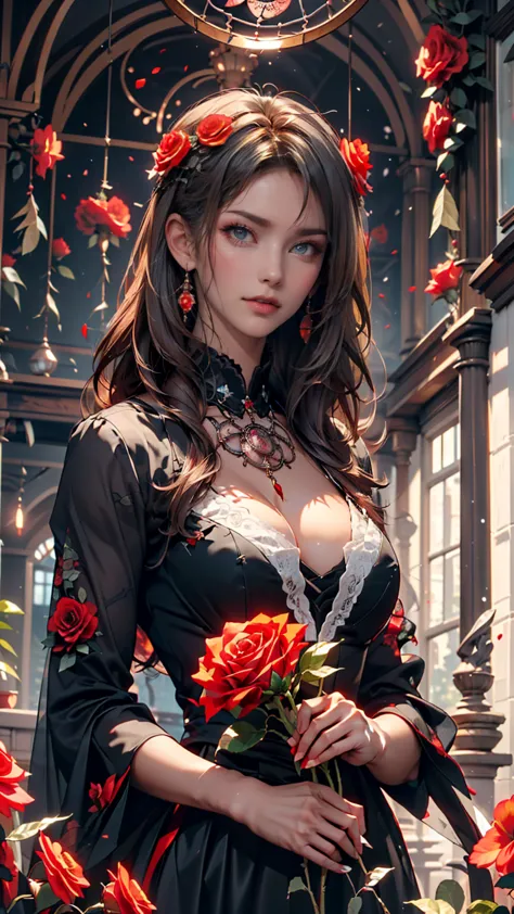 ( top quality,  masterpiece), ( 1 girl, Alone,  black dress ,  is standing ,  viewers, Gray Hair,  Red Eyes , Holding a rose,  closed my mouth,  upper body), ( the red dream catcher is in the back, Red Flower, )