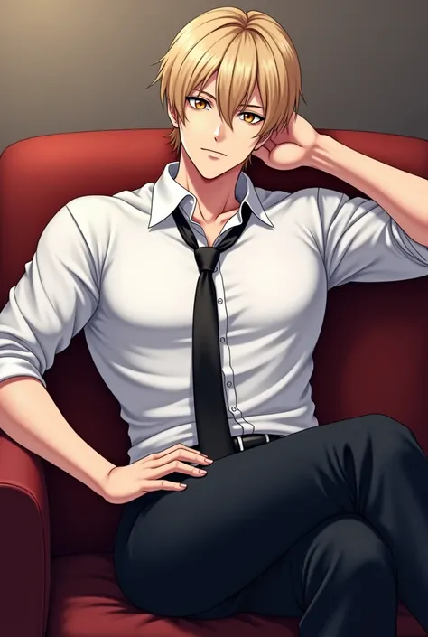 anime guy with a shirt and tie sitting on a couch, full body close-up shot, anime handsome man, beefcake pose, handsome anime pose, shirtless :: high detail, gigachad muscular, handsome saitama, handsome stunning realistic, sfw version, male art, commissio...