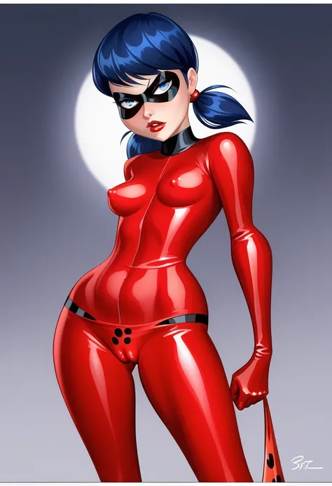 (((COMIC BOOK STYLE, CARTOON ART))). A comic book style image of Miraculous, with her as the central figure. She is standing, with her hands holding a ladybug iyoyo. She wears a tight red latex costume with black spots and, with a mask, She has dark blue h...