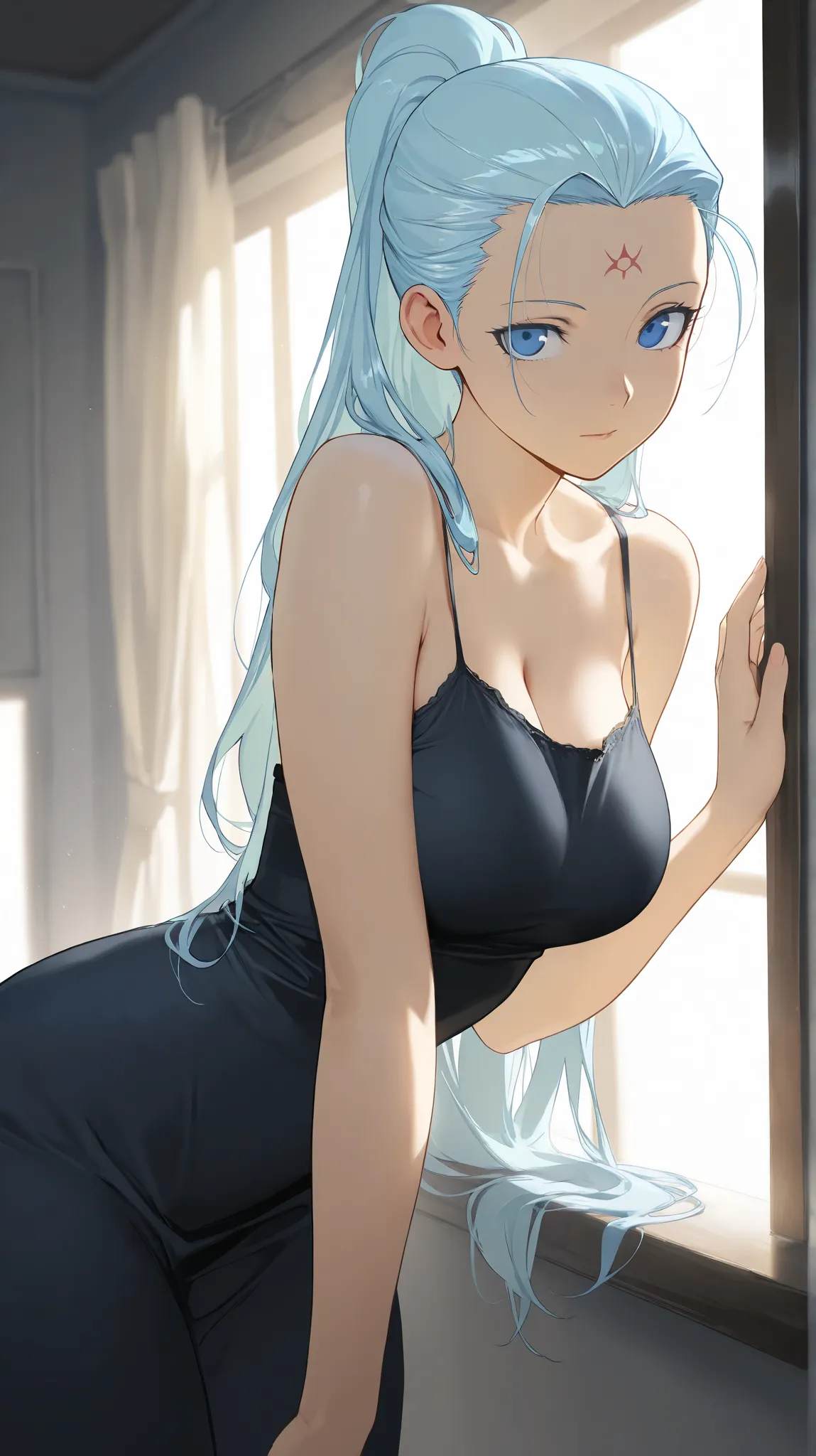 Masterpiece, elegant mature woman, vivi nefertari, long hair, high ponytail long hair, several strands of short hair hanging down on the right and left sides of the forehead, light blue hair color, tall body, camisole, upper body, dynamic lighting, ultra d...